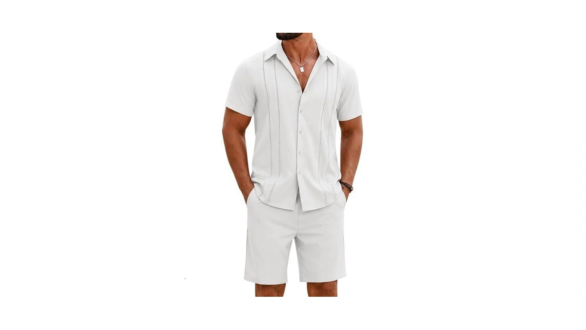 Coofandy Men's 2 Piece Outfits Cuban Guayabera Shirts And Shorts