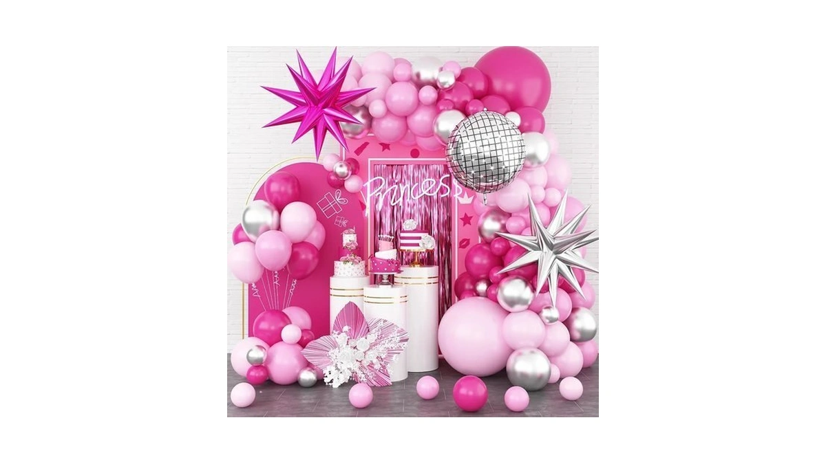 Hot Pink Balloon Arch Garland, Pastel Pink Silver Balloon Garland