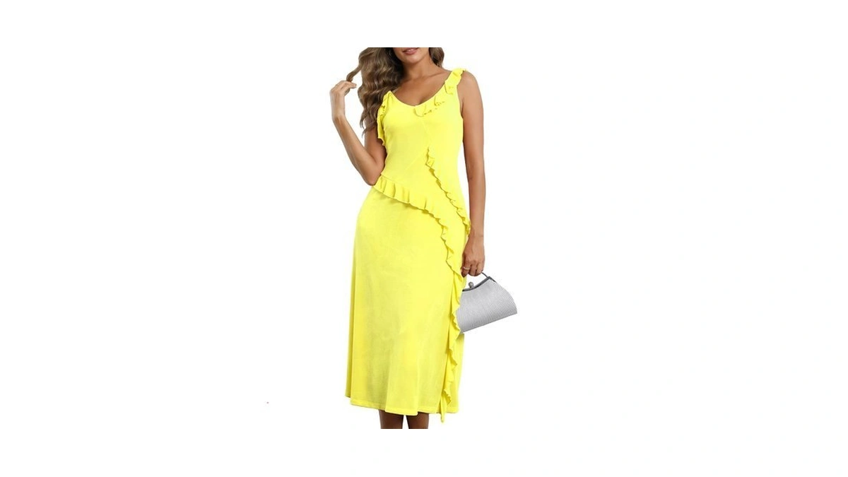 F·y·yiyi Women's Sleeveless V-neck Ruffled Midi Dress, Yellow, Large