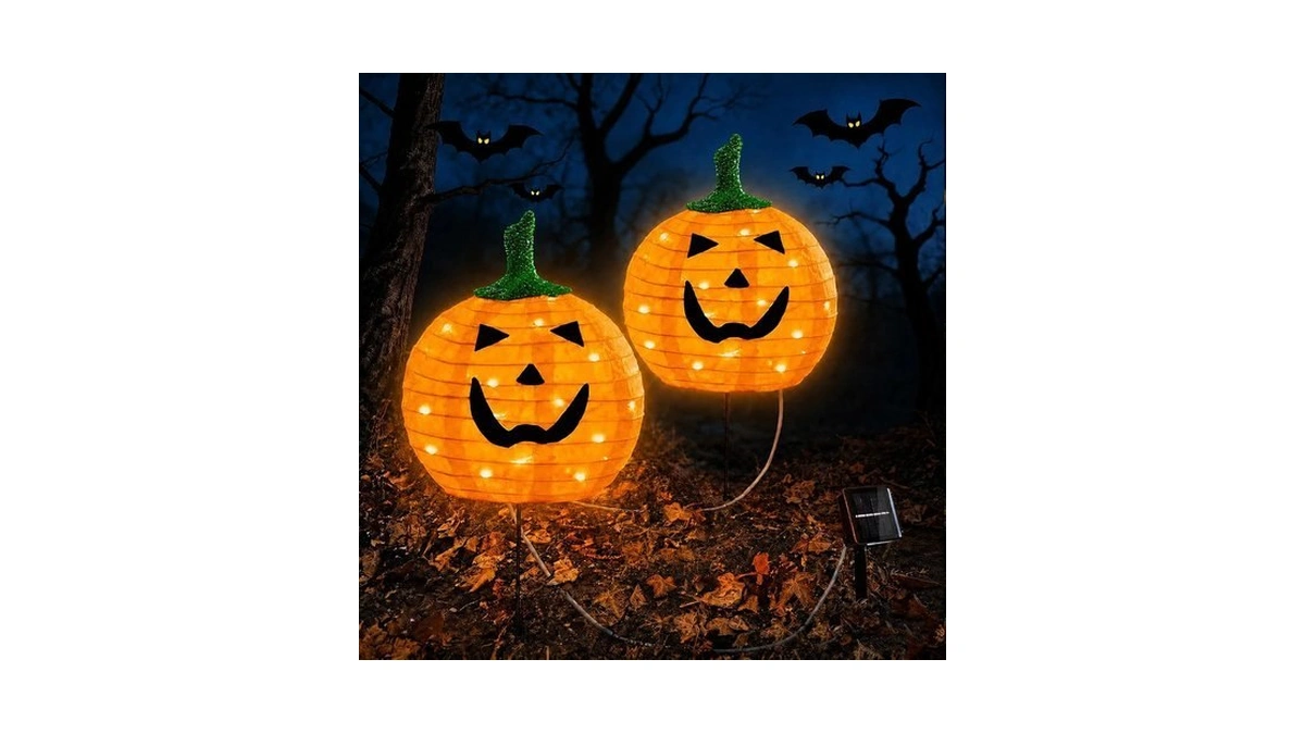 Solar Halloween Pumpkin Lights, 2 Pack Outdoor Pathway Stake Lights