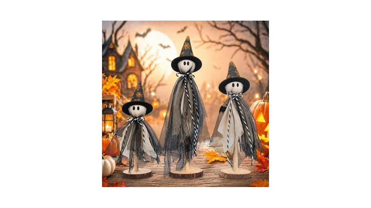 Mulbom 3-piece Halloween Ghost Decorations, Wooden Tabletop Shelf Sitters