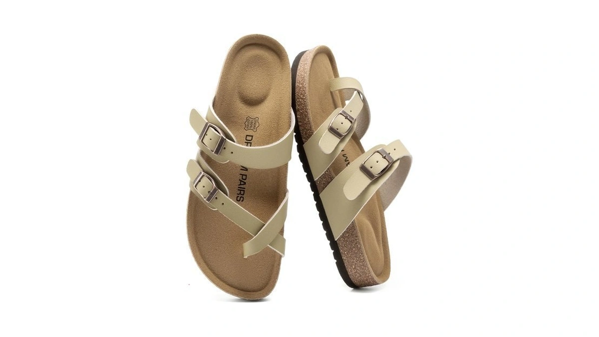 Dream Pairs Women's Leather Cork Footbed Summer Sandals,beige,6
