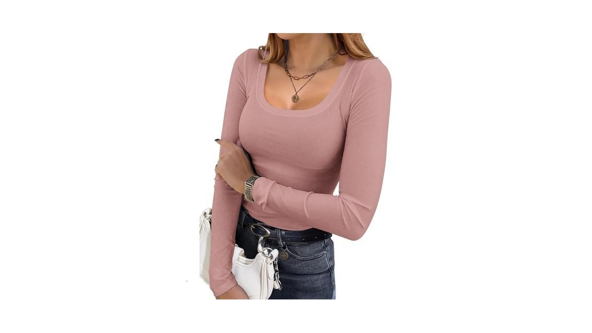 Ekouaer Womens Long Sleeve Shirts Square Neck Ribbed Thermal Undershirts