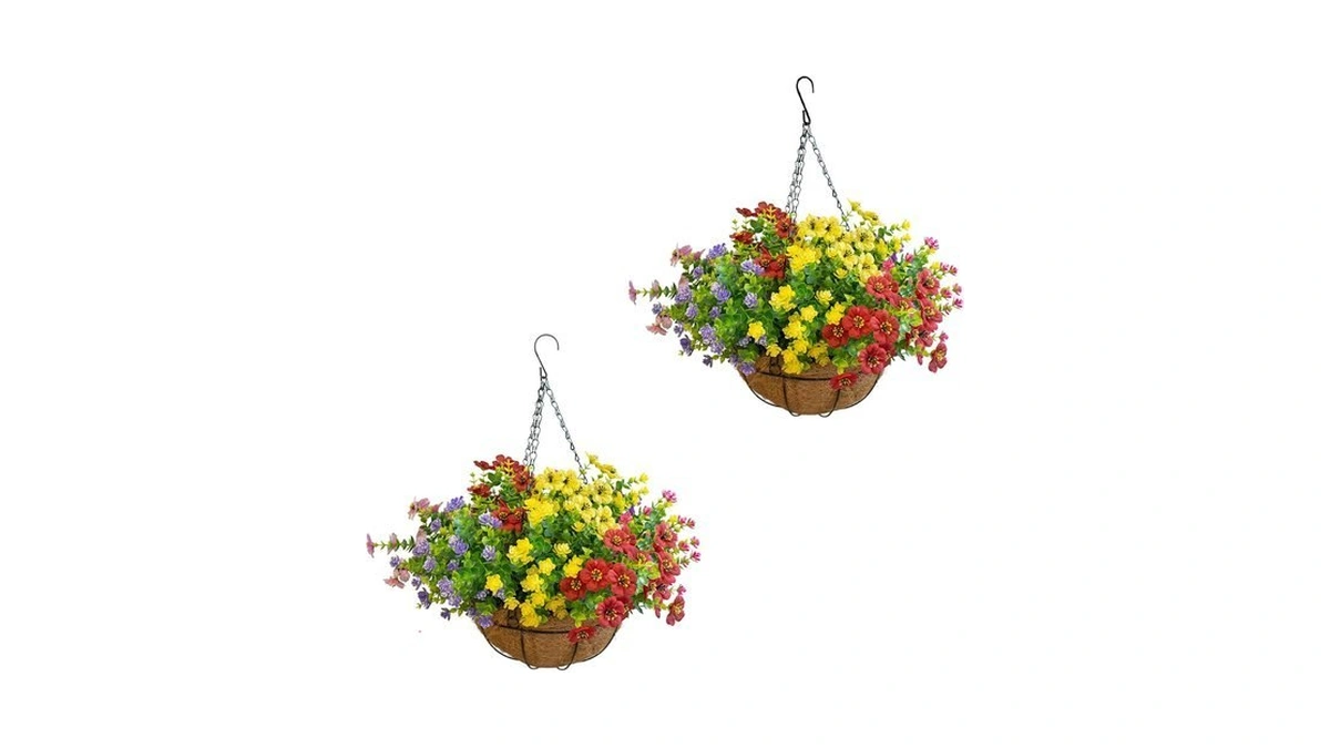 Bcblf Artificial Hanging Plants Flowers With Basket 2 Packs, Artificial