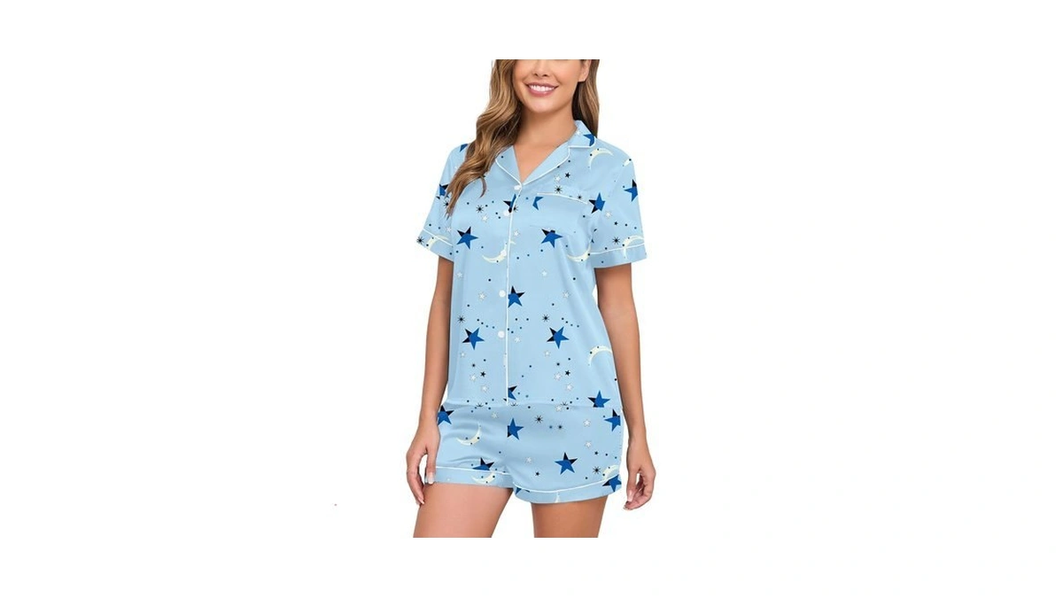 Veseacky Star Pattern Satin Button Front Short Loungewear With Pockets