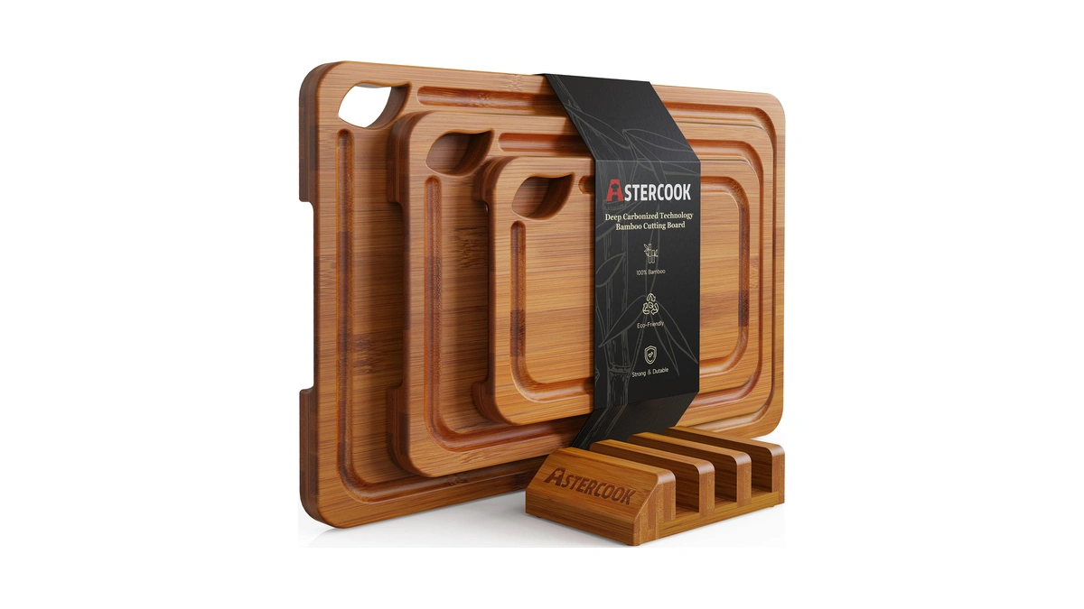 Astercook Deep-carbonized Bamboo Cutting Boards For Kitchen With Wood Storage