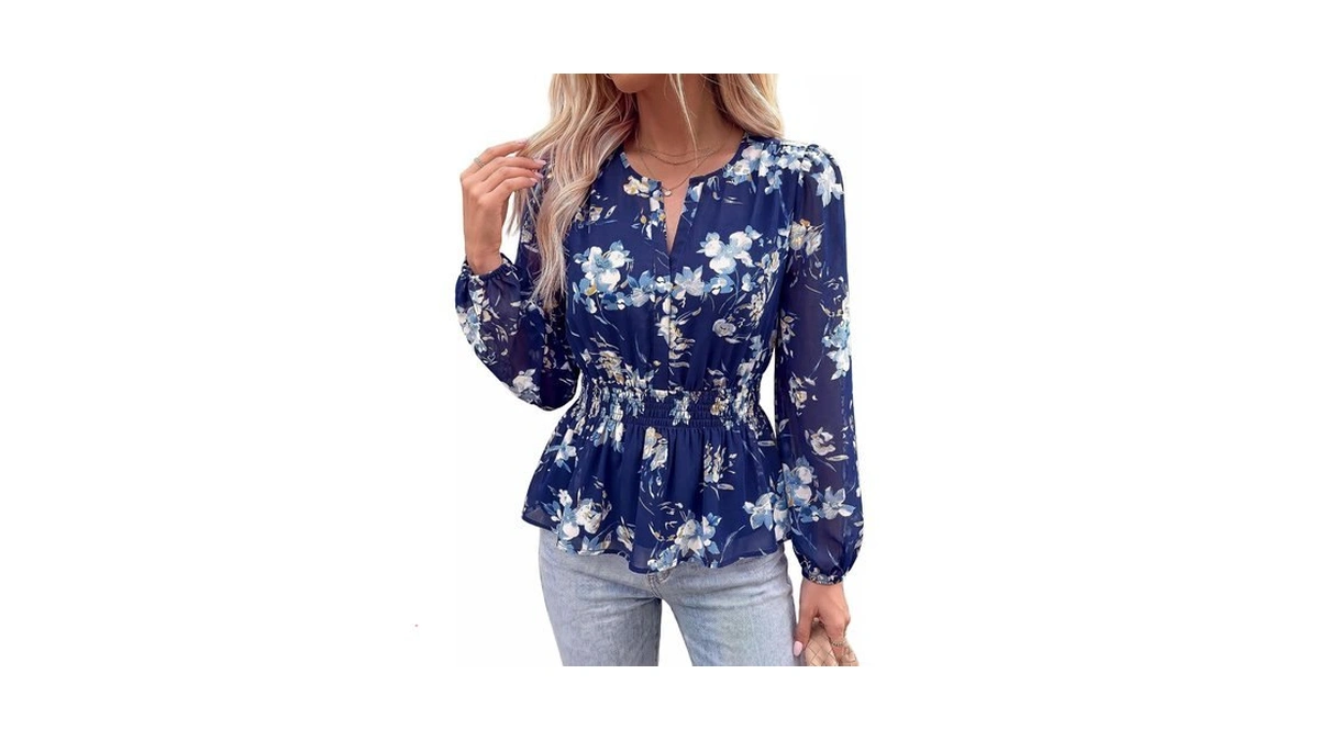 Btfbm Womens Tops Dressy Casual Floral V Neck Long Sleeve
