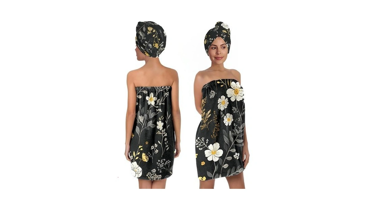 Ywman Floral Bath Wrap Set With Hair Turban, Black Microfiber