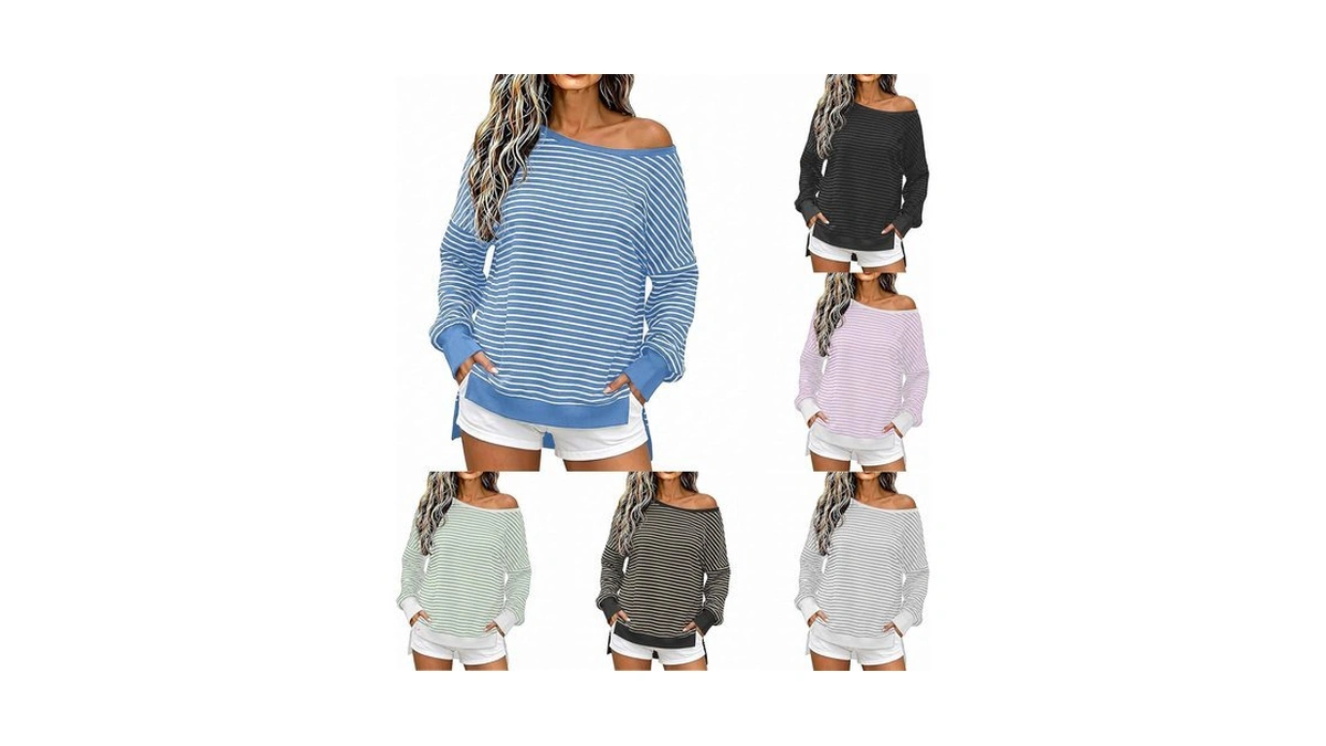 Women's Off Shoulder Sweatshirts Loose Fit Striped Pullover Tops Blue