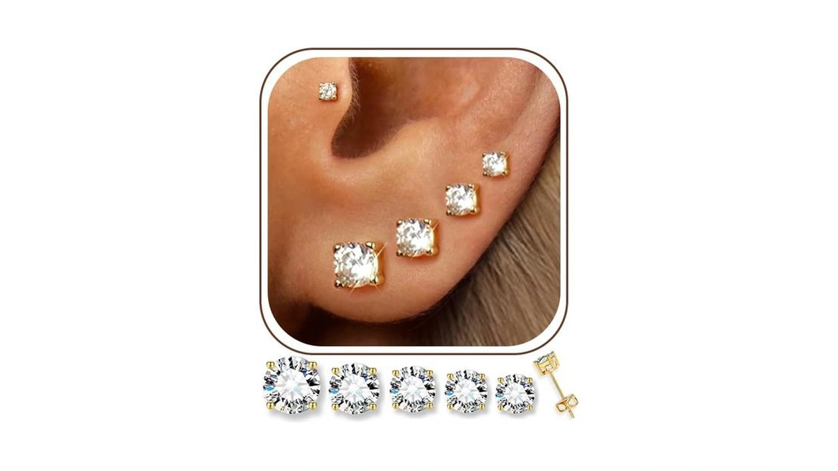 5 Pairs 14k Gold Plated Studs Earrings For Women, Cz