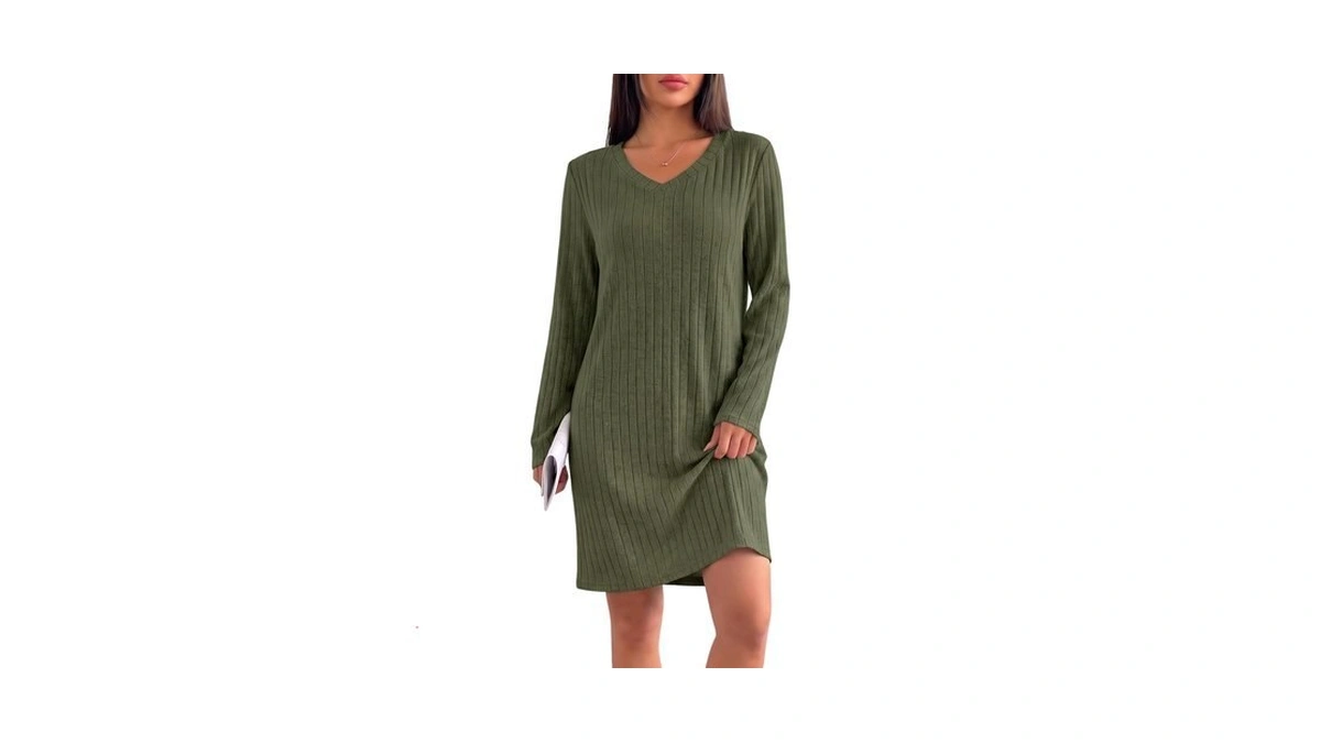 Ekouaer Long Sleeve Nightgowns For Women V Neck Ribbed Knit