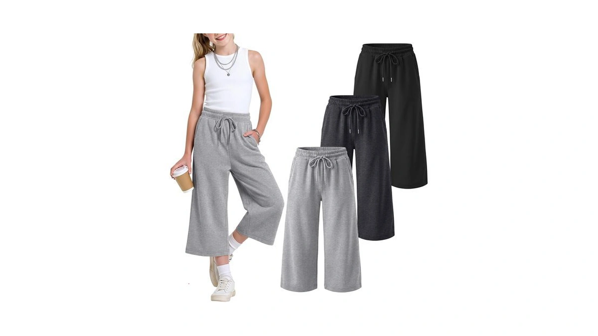 Lessonzoo Girls Capris Kids Cropped Sweatpants, 3-color, 13-14 Years
