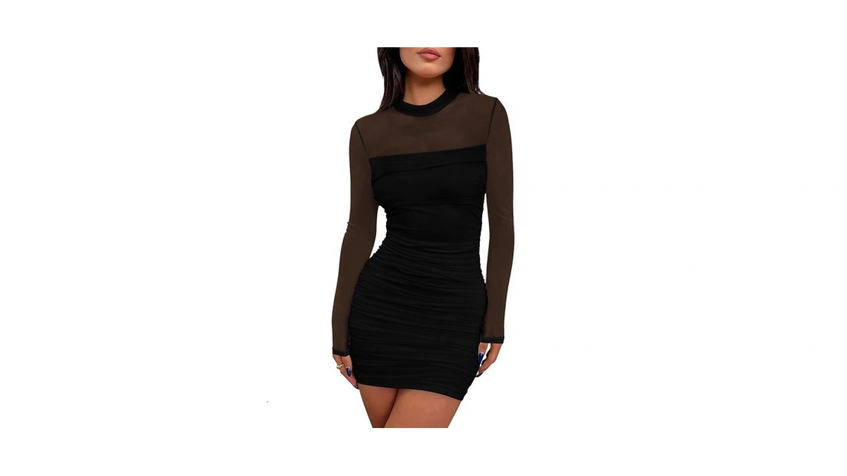Wiholl Women's Mesh Sheer Long Sleeve Ruched Mini Dress Sexy