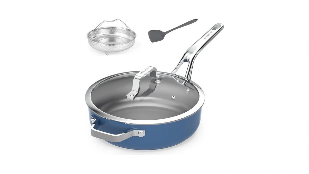 10-in-1 Blue Ceramic Nonstick Deep Saute Pan Set With Steamer