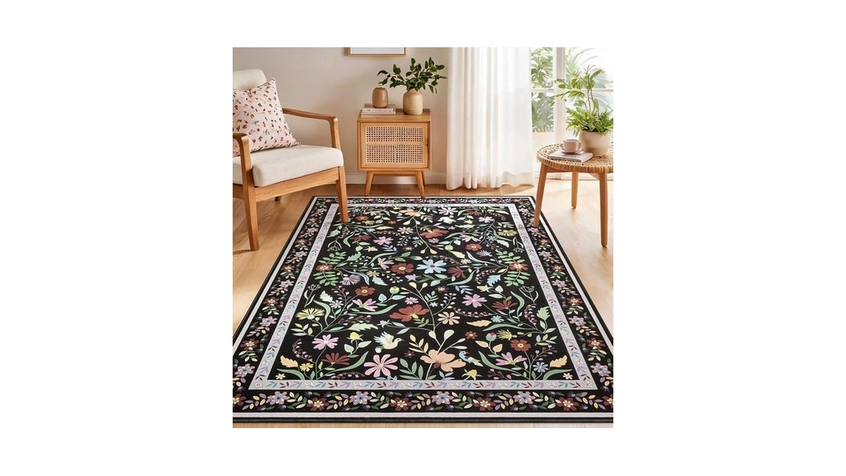 Shacos Black Floral Area Rugs 5x7 Nursery Rug, Boho Carpet