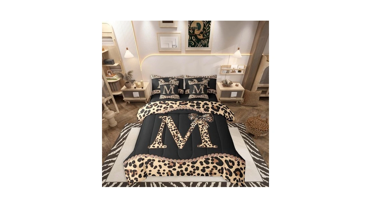 Letter Initial M Queen Comforter Set With African Cheetah Bow