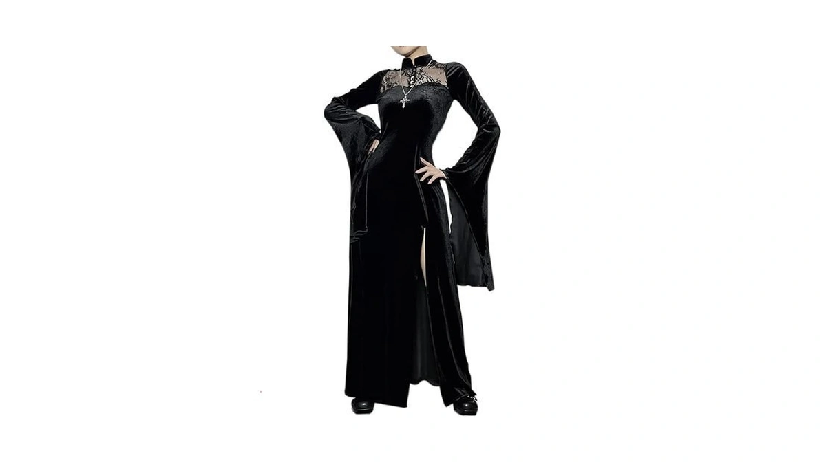 Lanshulan Long Flare Sleeve Dress Lace Cutout Black Split Goth