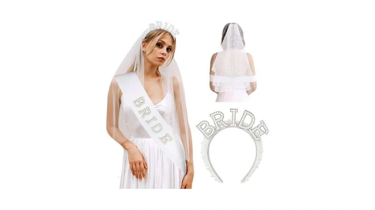 Feinigesi Pearl Bride Headband With White Bridal Veil And Sash