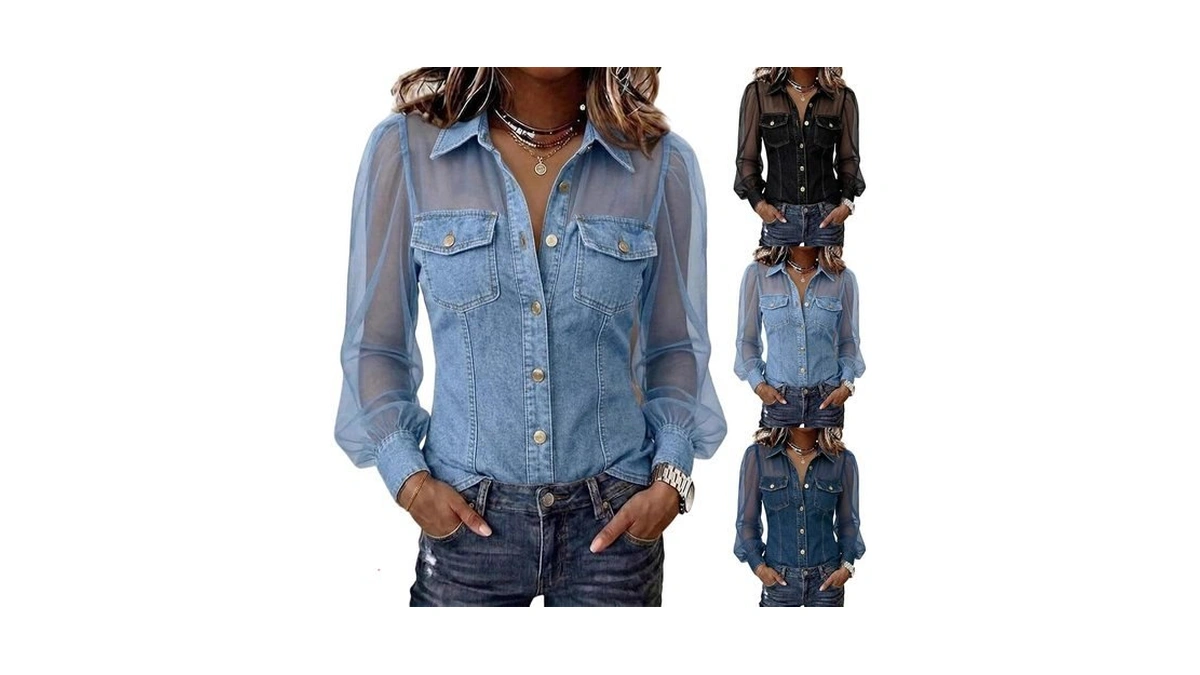Denim Shirt For Women Mesh Long Sleeve Jean Button Up