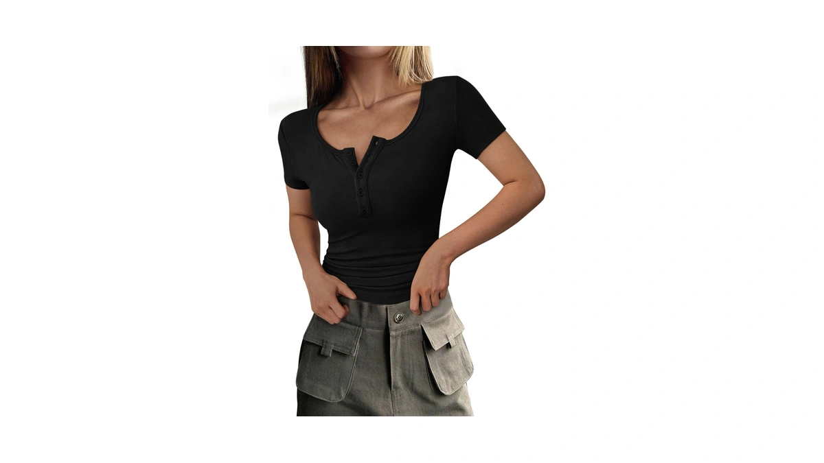 Prettygarden Women's Summer Tops Henley Tee Shirts (black,x-small)