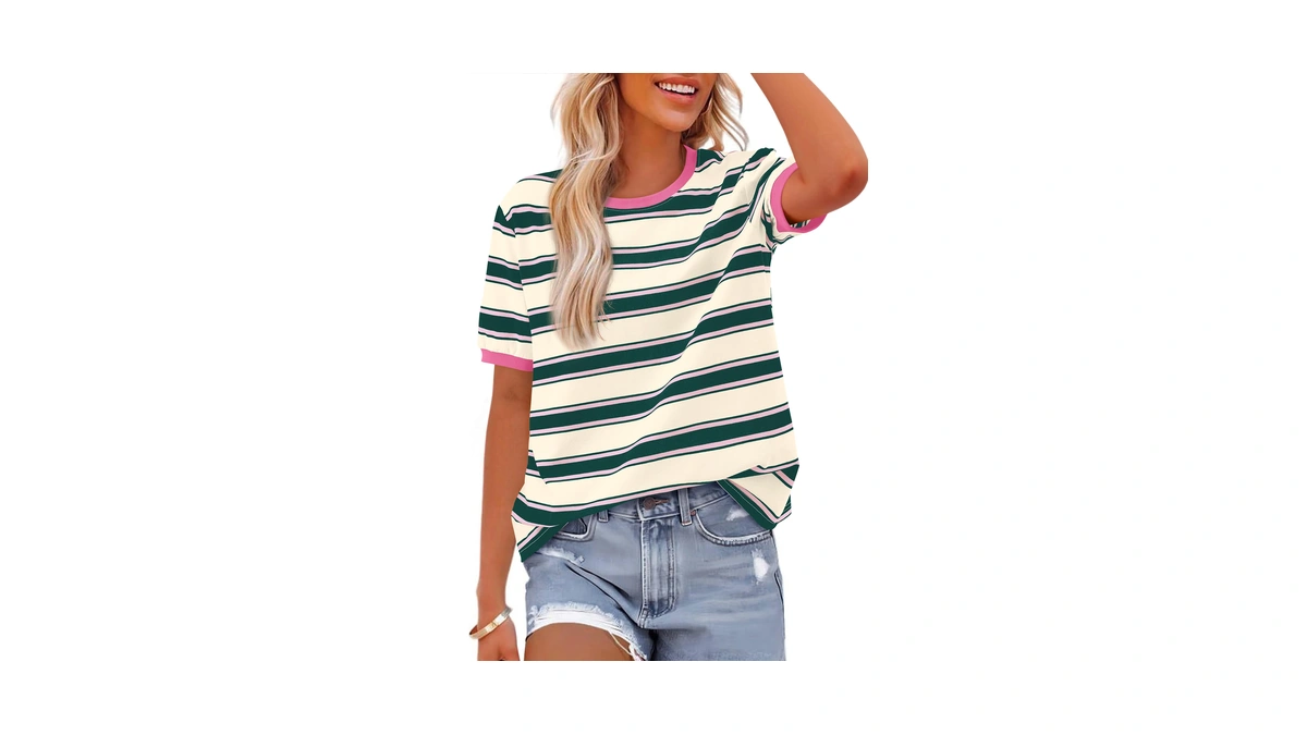 Btfbm Womens Summer Tops Short Sleeve Striped Shirt,dark Green Pink,s