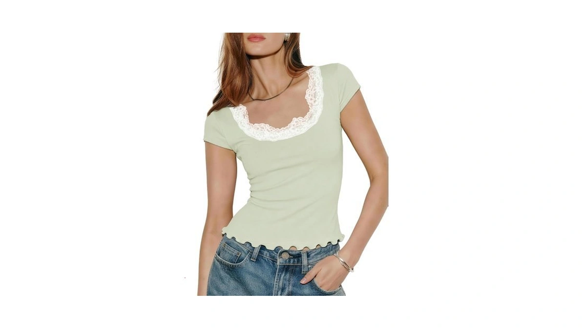 Outfeel Women's Lace Trim Scoop Neck Cap Sleeve Cropped Tee,