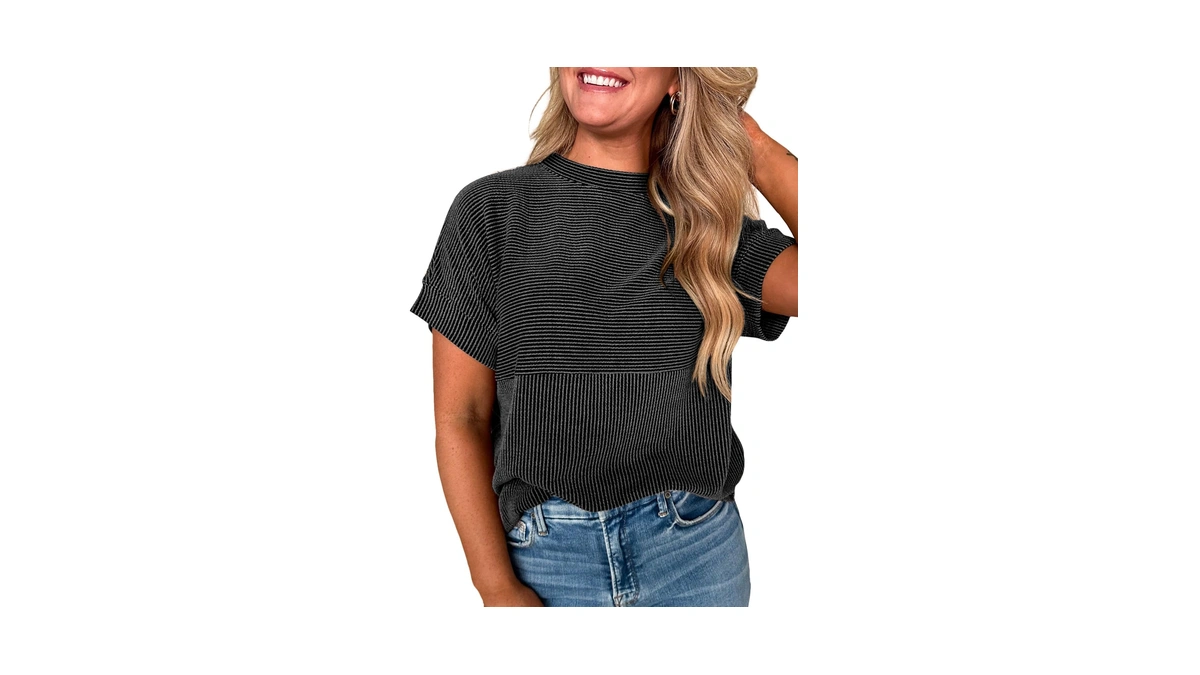 Evaless Womens Tops Teacher Outfits Short Sleeve Cute Ribbed Tshirt