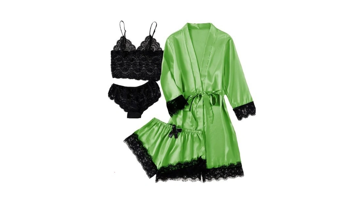 Lyaner Women's Silk Satin Sexy Pajamas Set Green X-small