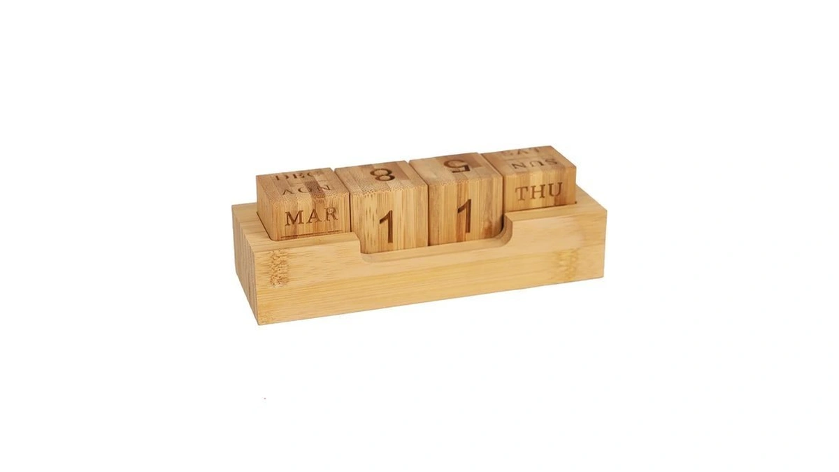 Wooden Perpetual Block Calendar For Office Desk Decor, Month Date