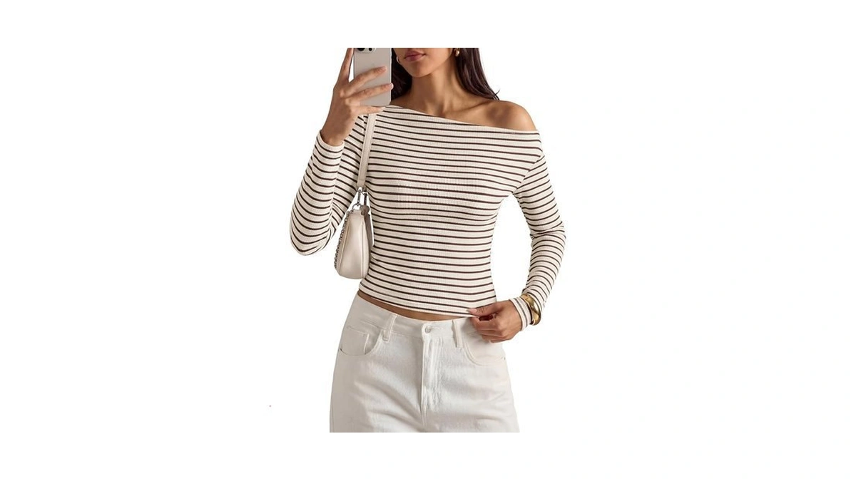 Prettygarden Women Off The Shoulder Striped T-shirt,apricot Coffee,m