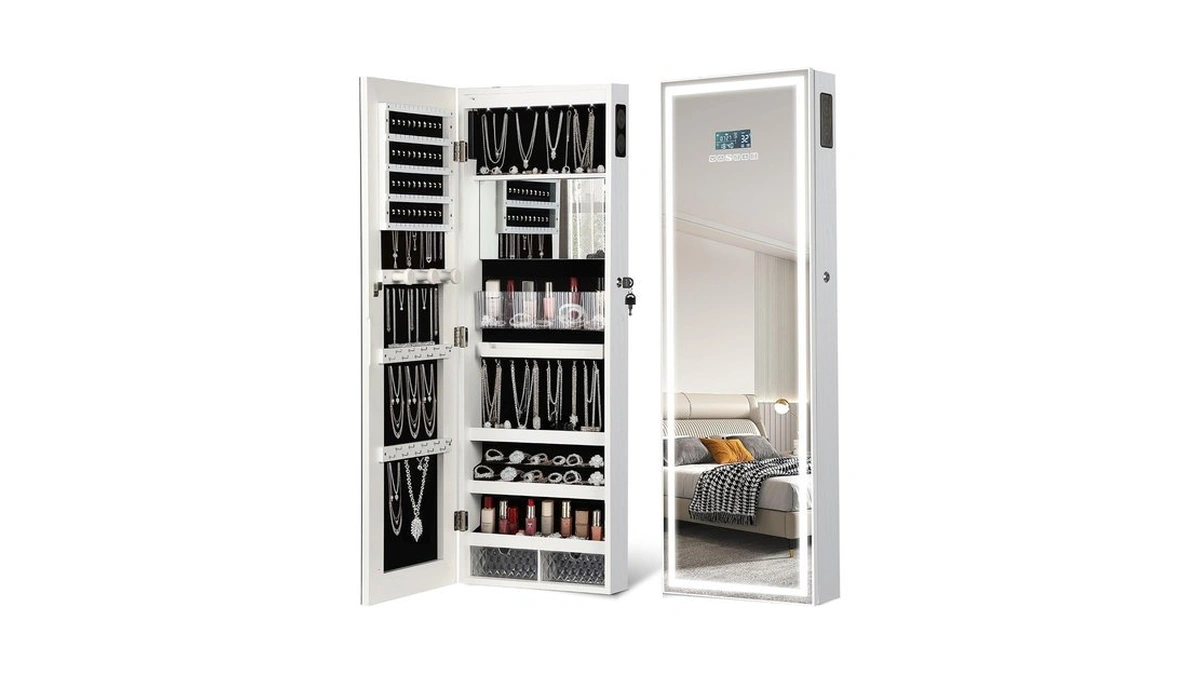 Led Mirror Jewelry Cabinet, Bluetooth Speaker, Full Length Mirror, White