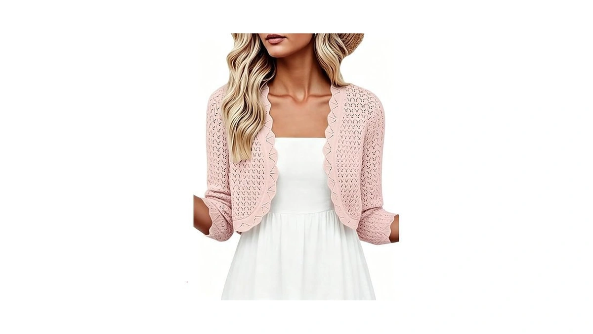 Halife Cropped Cardigan 3/4 Sleeve Summer Crochet Shrugs Dressy Casual
