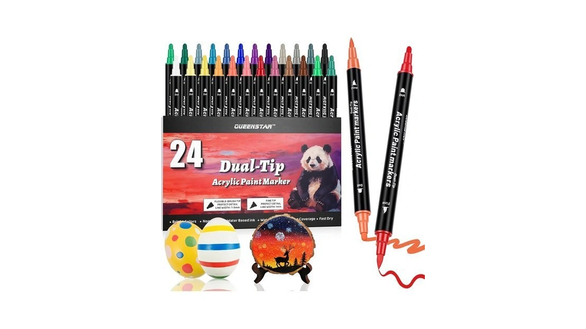 Queenbang 24 Colors Dual Tip Acrylic Paint Markers, Fine-dot Tip