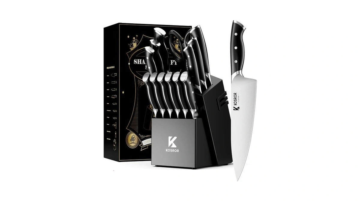 Kosror Kitchen Knife Set With Block & Dual Sharpener 15pc