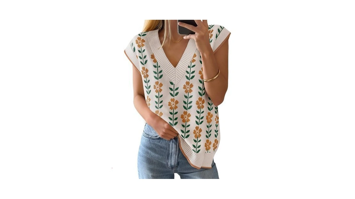 Zesica Women's Floral V Neck Sleeveless Knit Sweater Vest White