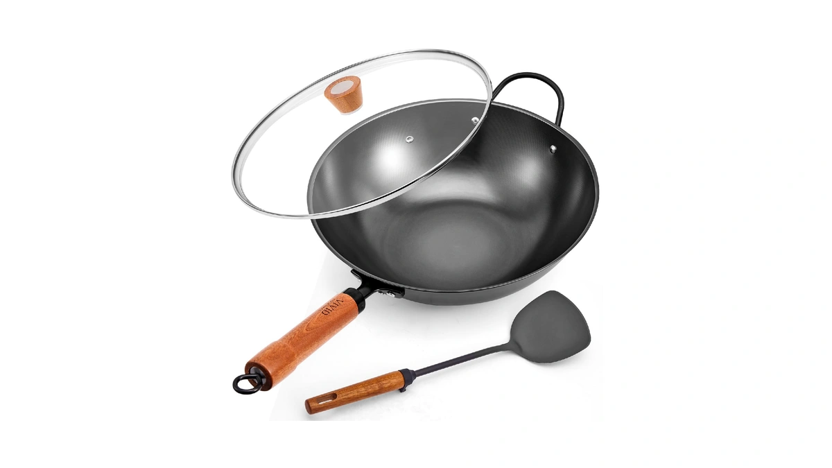 Vividcookware 12.6 Inch Carbon Steel Wok With Lid, Flat Bottom