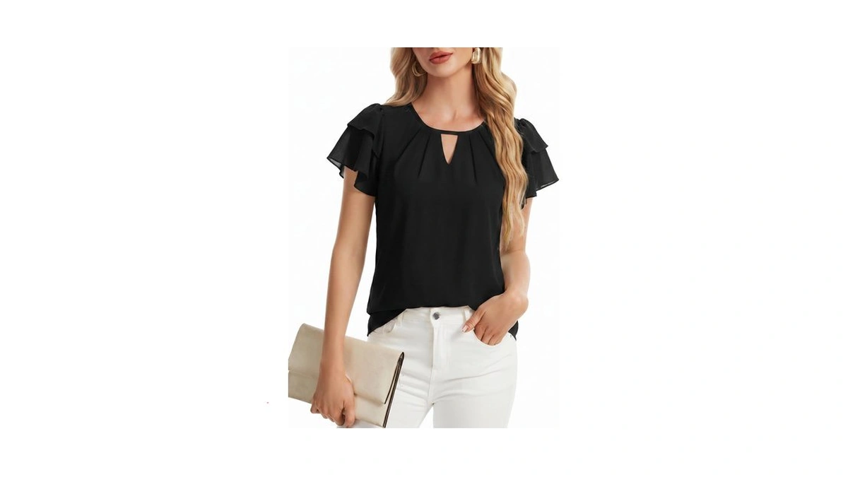 Womens Chiffon Dressy Blouses Casual Ruffle Sleeve Work Tops Summer