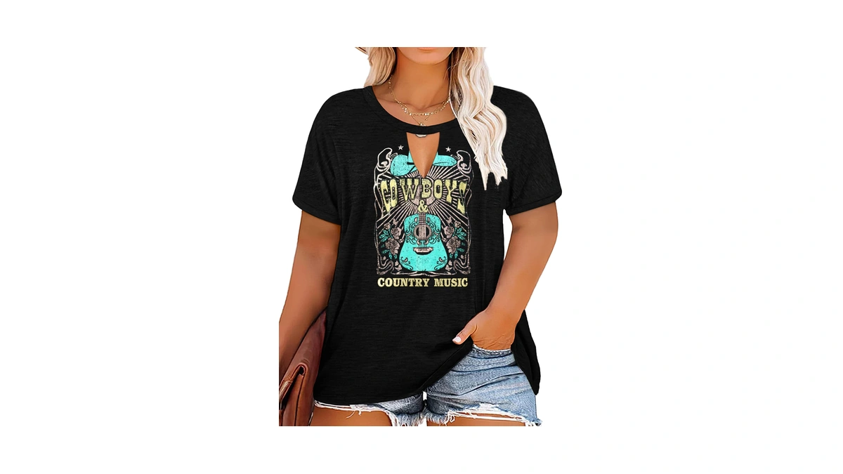 Plus Size Country Music Shirt Women Keyhole Sexy V Neck