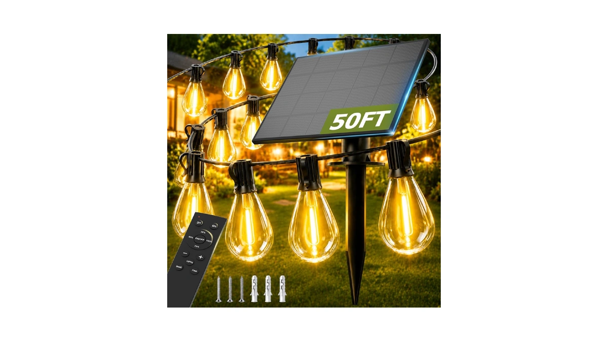 Plosim 50ft Solar String Lights Outdoor, Dimmable Patio Lights Solar