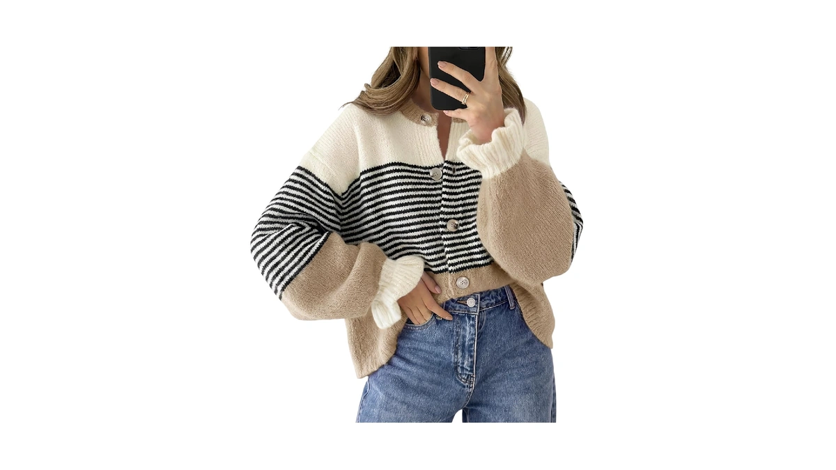 Saodimallsu Womens 2026 Fall Trendy Striped Cardigan Sweaters Ruffle Sleeve