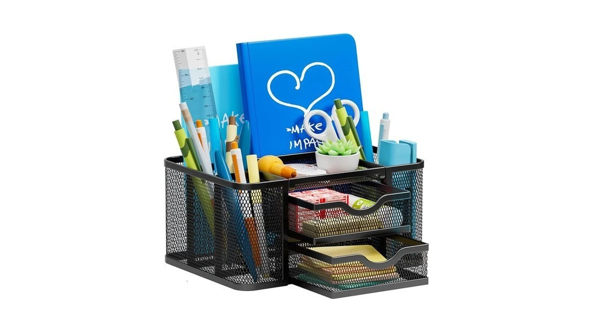 Marbrasse Mesh Desk Organizer, Pen Organizer With 2 Drawer, Multi-functional