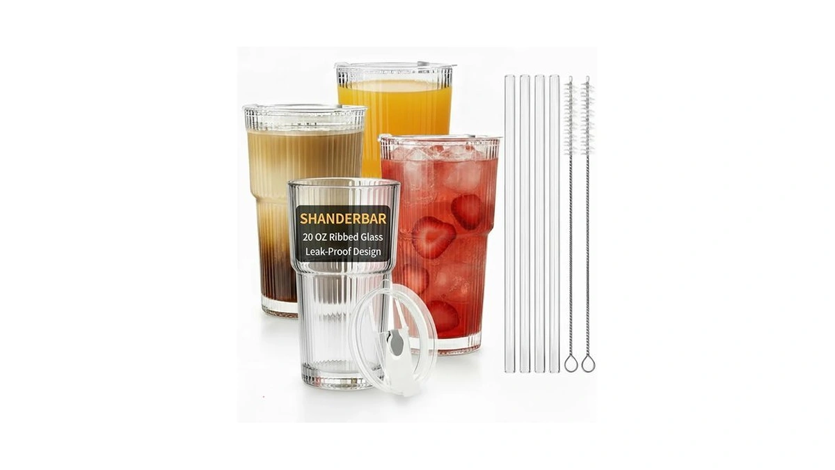 20 Oz Ribbed Glass Tumblers With Lids And Straws, Clear,