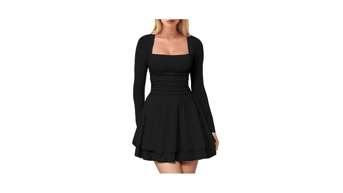 Women Bodycon Mini Dress, Square Neck Long Sleeve Stretchy Dress