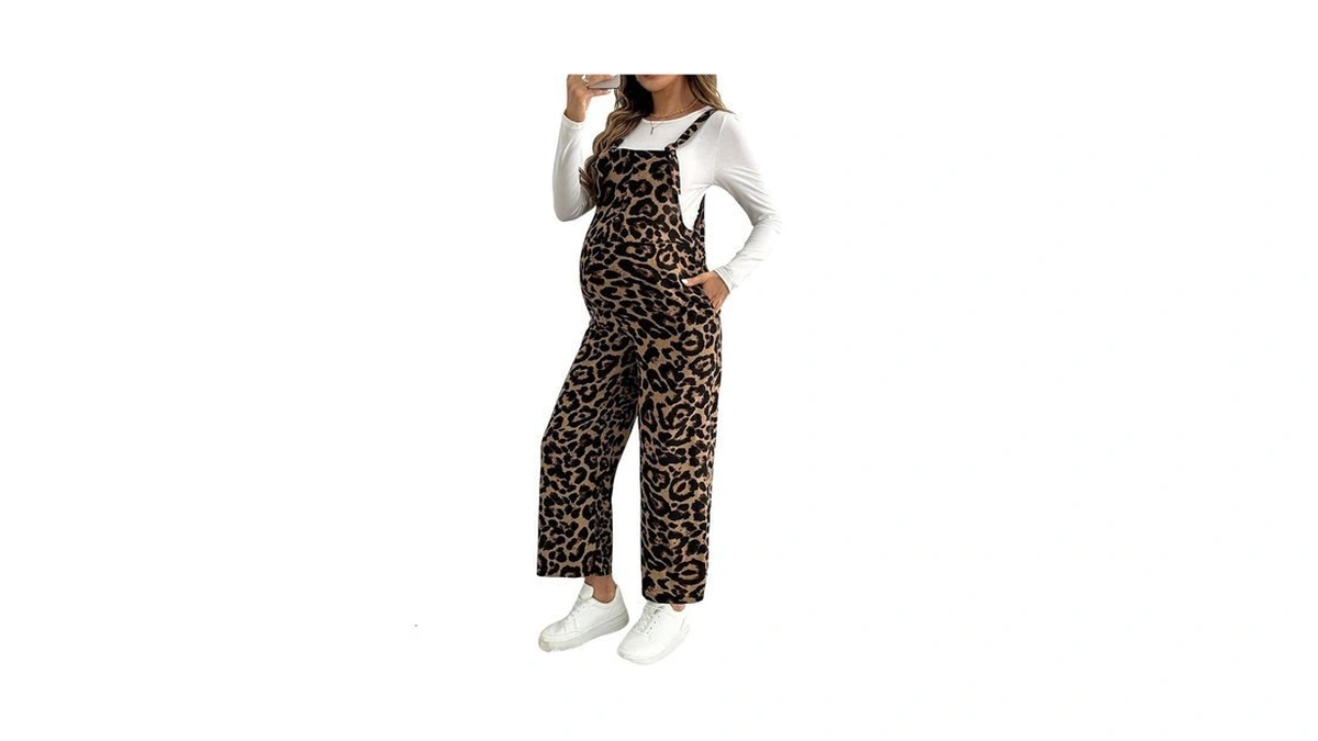 Oyoangle Women's Maternity Leopard Print Overalls Pregnancy Jumpsuit