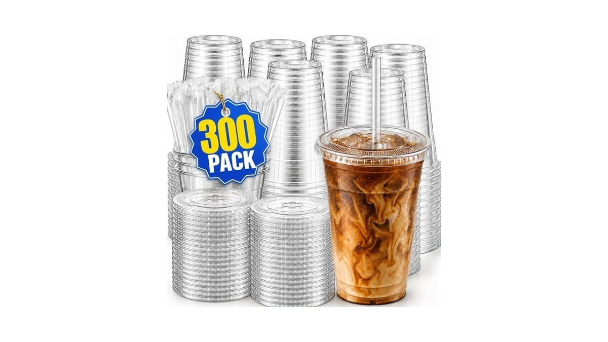 300 Pack 16 Oz Plastic Cups With Lids And Straws,