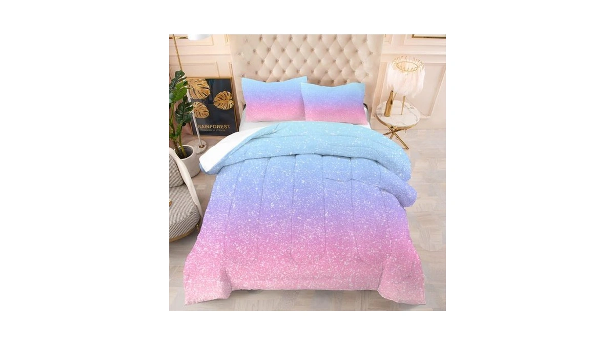Kxry Pink Galaxy Glitter Comforter Set Queen Rainbow Bedding For