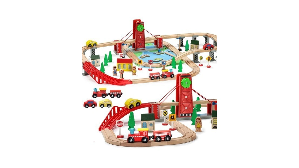 Sainsmart Jr. Wooden Train Set For Toddler, Double-side Wood Train