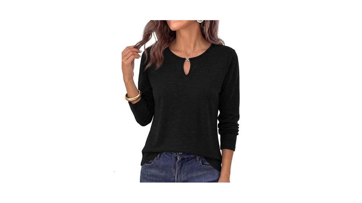 Kirundo Long Sleeve Shirts For Women Keyhole Neck Basic Tees,black,l