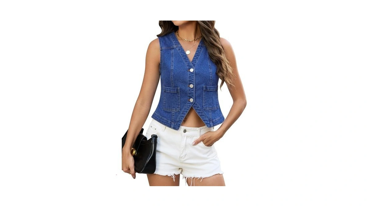 Eddoyee Stretchy Cropped Denim Vest Women Western Jean Vest Tops