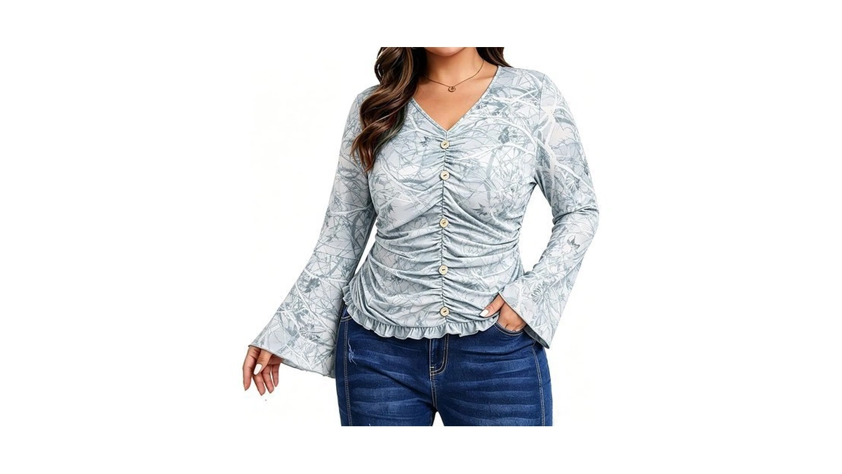 Charming Ashley Plus Size Women's Bell Sleeve V-neck Top